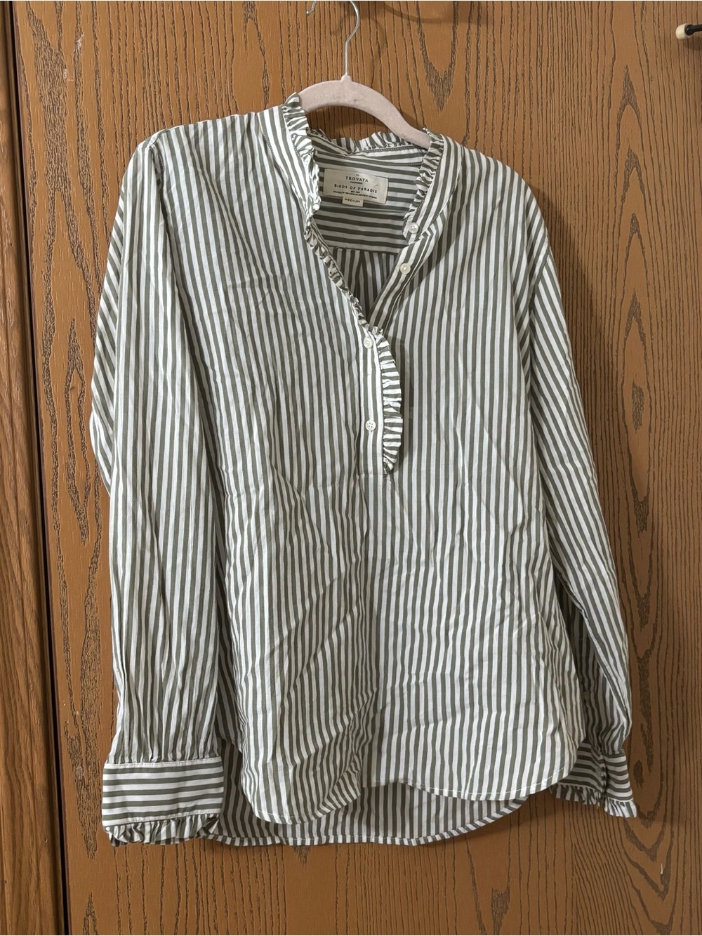 Birds of Paradis by Trovata Green Striped  Cotton Ruffle Blouse Medium